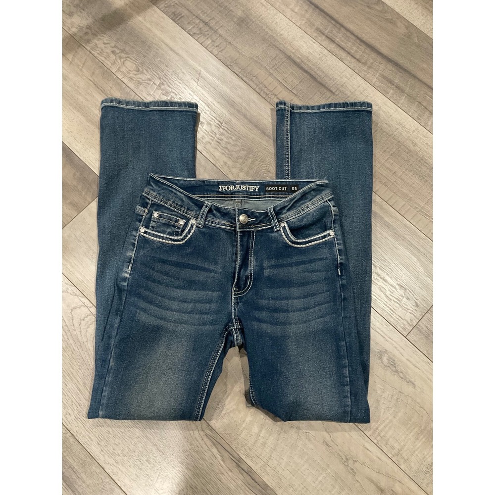 J For Justify Bootcut Jeans Size 5 Blue Denim Rhinestone Cross Embroidered